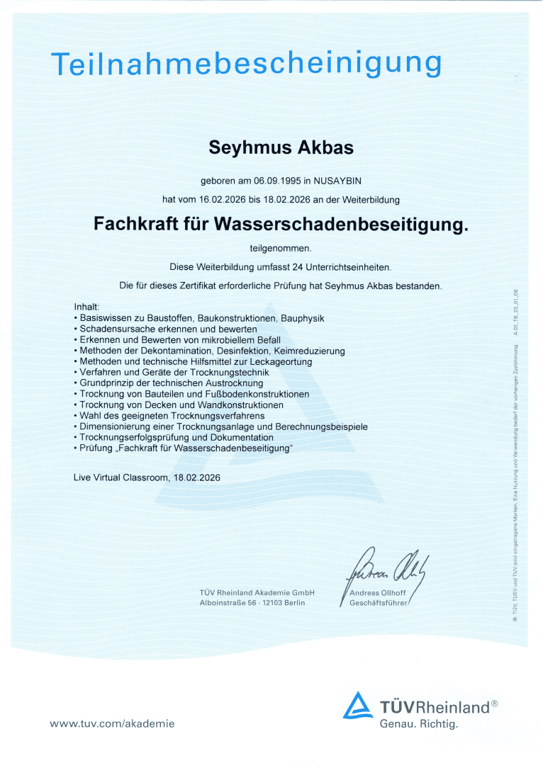 Teilnahmebescheinigung: Fachkraft für Wasserschadenbeseitigung – Seyhmus Akbas